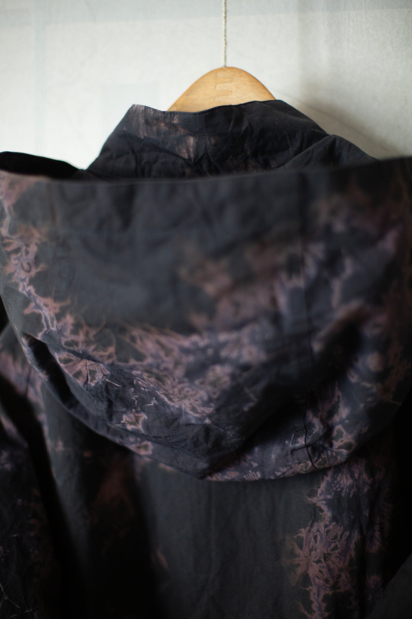 black/black cotton broad hooded jacket with shibori dyed pattern