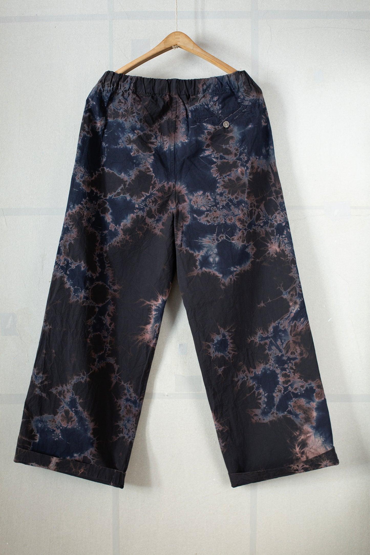 black/black cotton broad wide drawstring pants with shibori dyed pattern