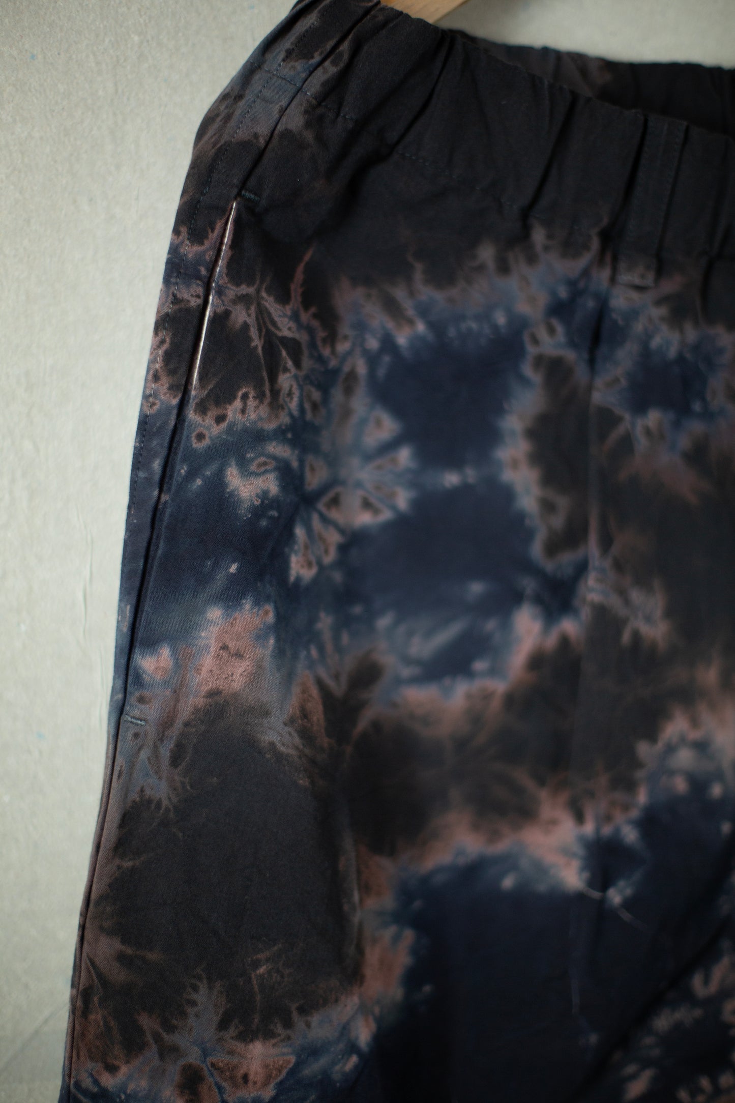 black/black cotton broad wide drawstring pants with shibori dyed pattern