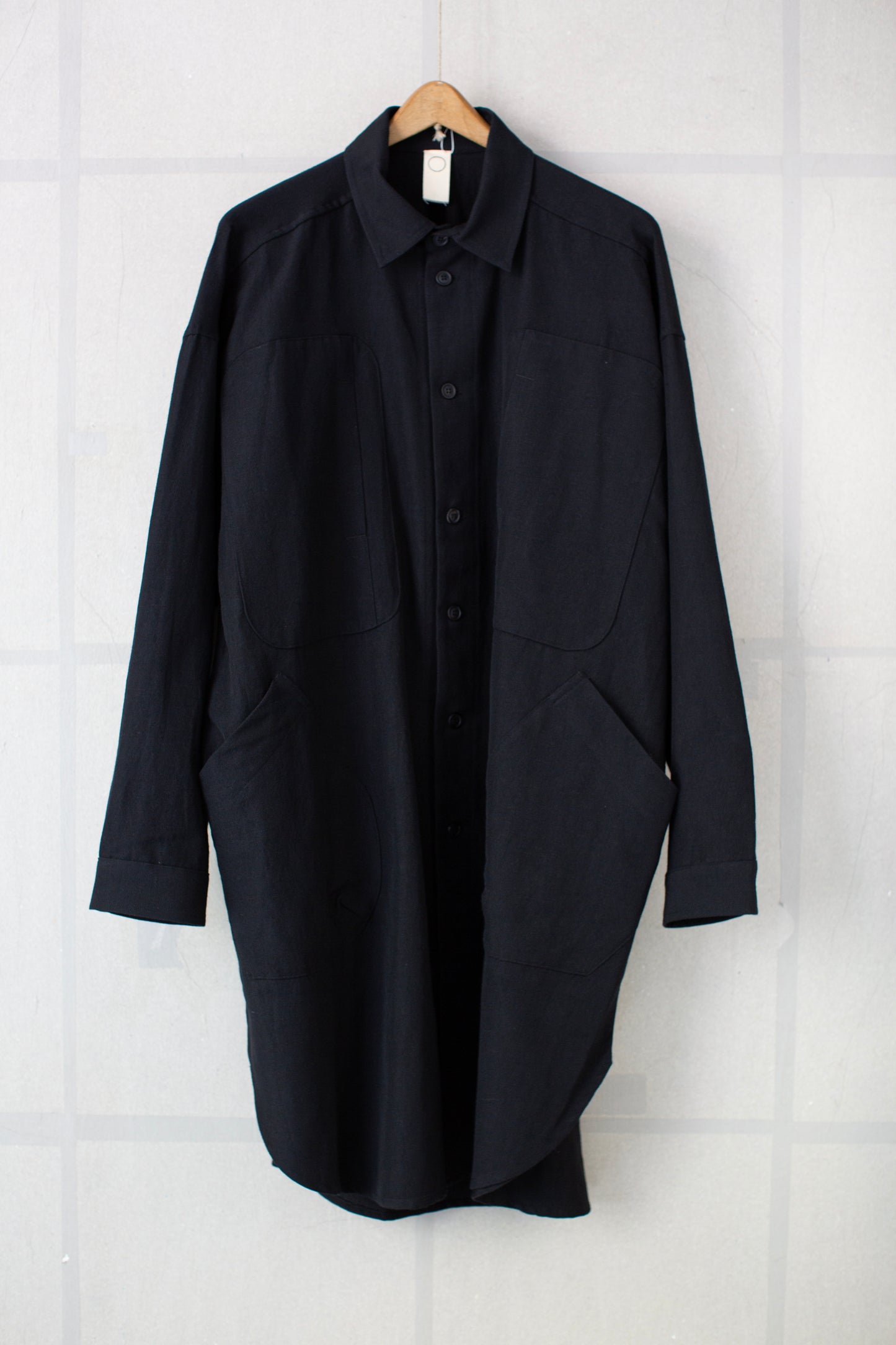 black washed wool linen twill long dust shirt coat