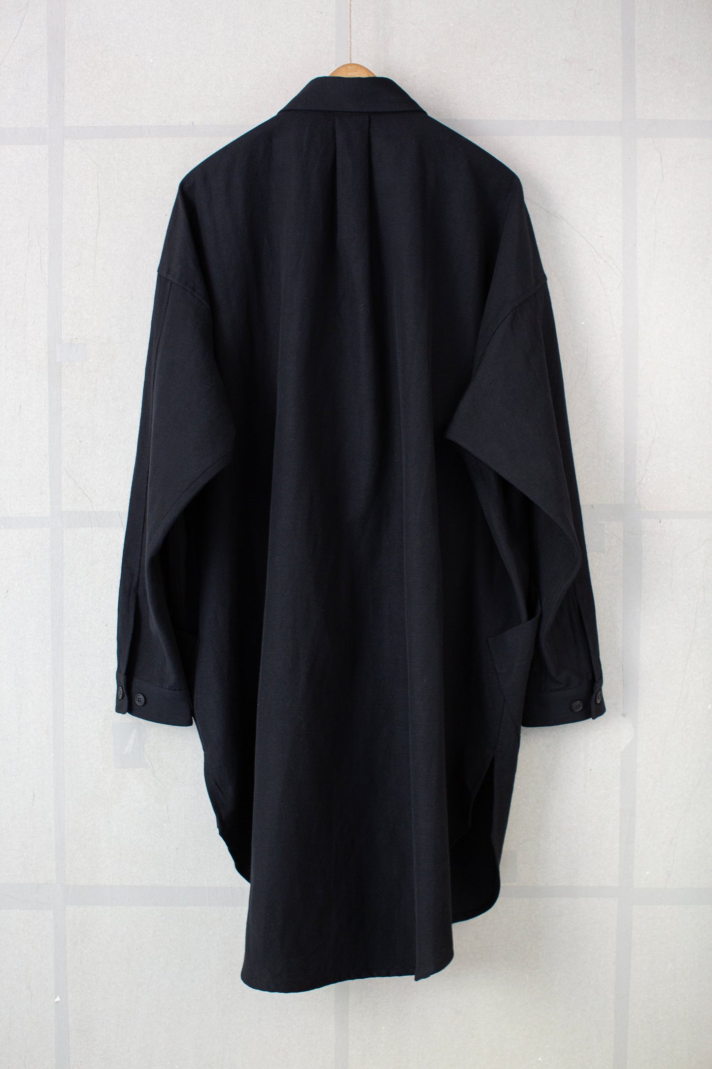 black washed wool linen twill long dust shirt coat