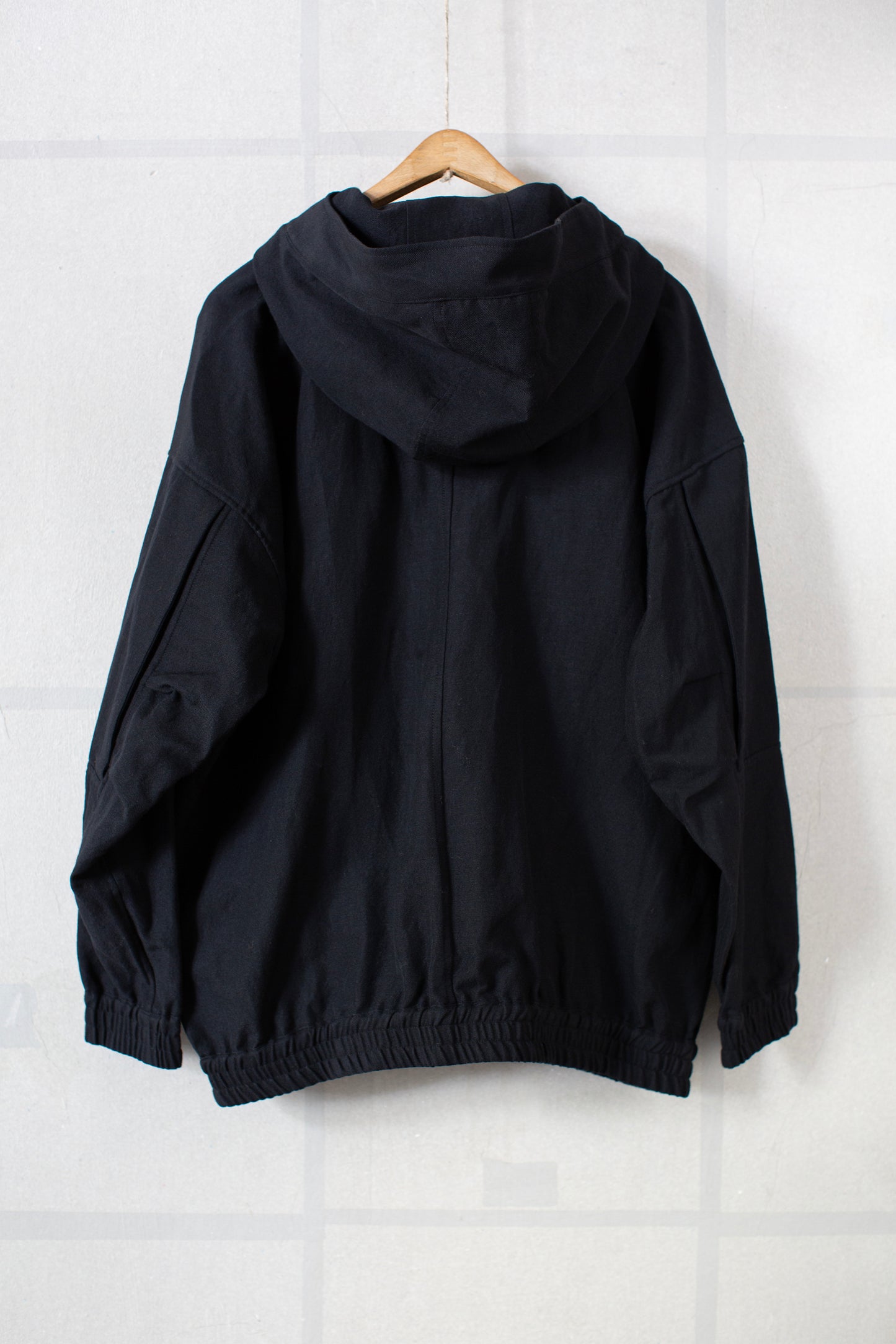 High neck hooded wool/linen/cotton twill bomber jacket