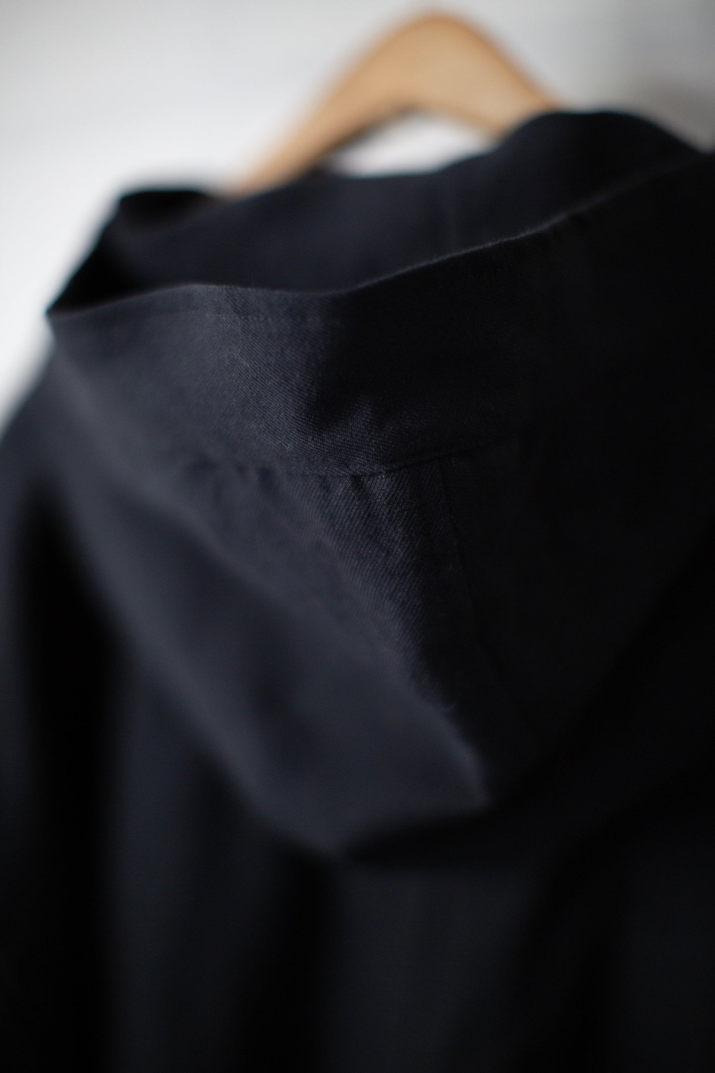 High neck hooded wool/linen/cotton twill bomber jacket