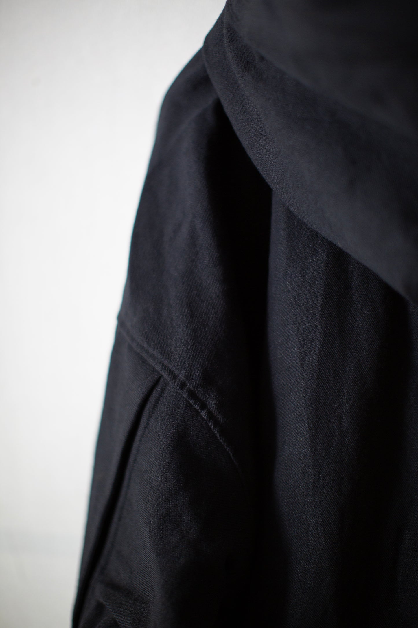 High neck hooded wool/linen/cotton twill bomber jacket