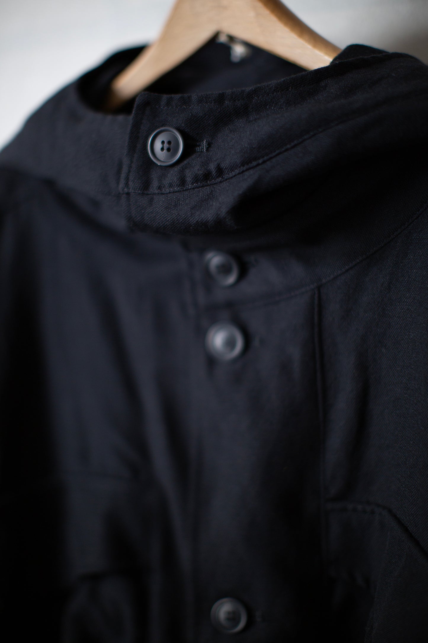 High neck hooded wool/linen/cotton twill bomber jacket