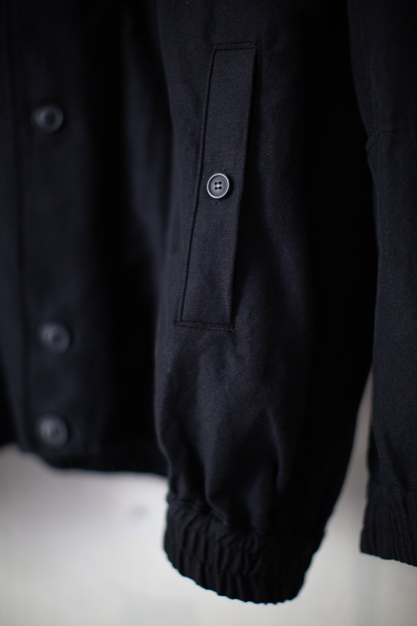 High neck hooded wool/linen/cotton twill bomber jacket