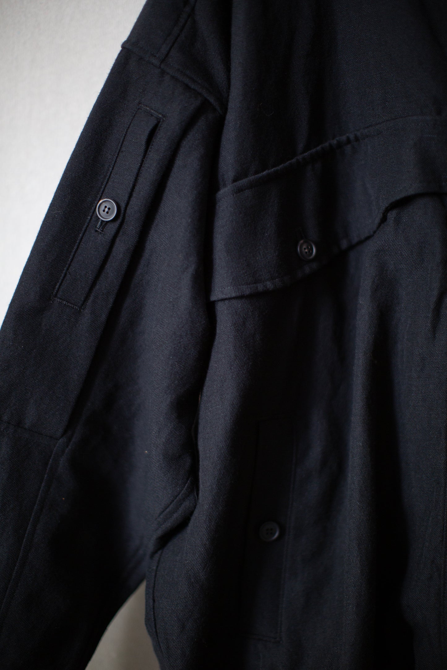 High neck hooded wool/linen/cotton twill bomber jacket