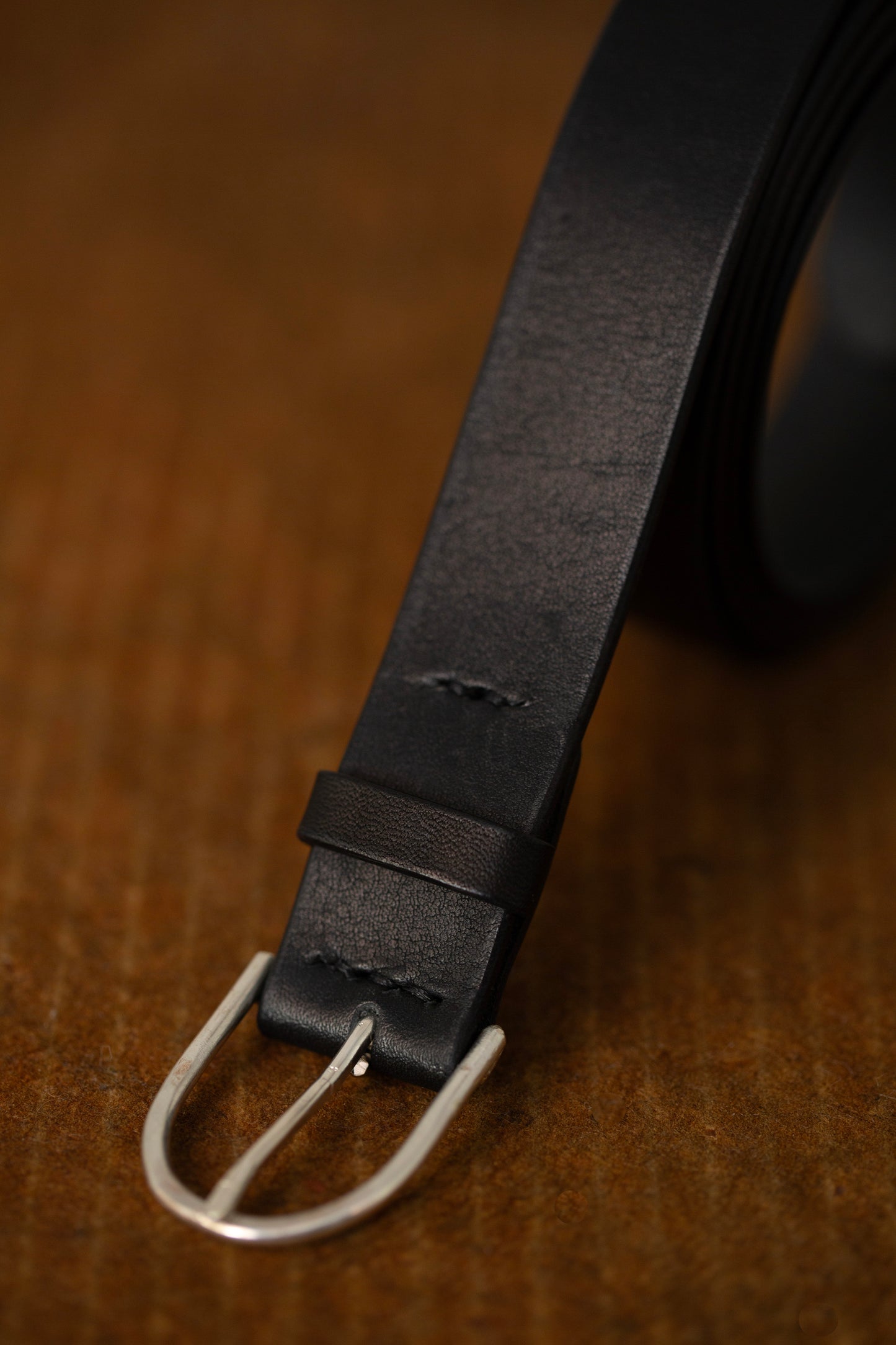 Black Leather Belt - rounded silver