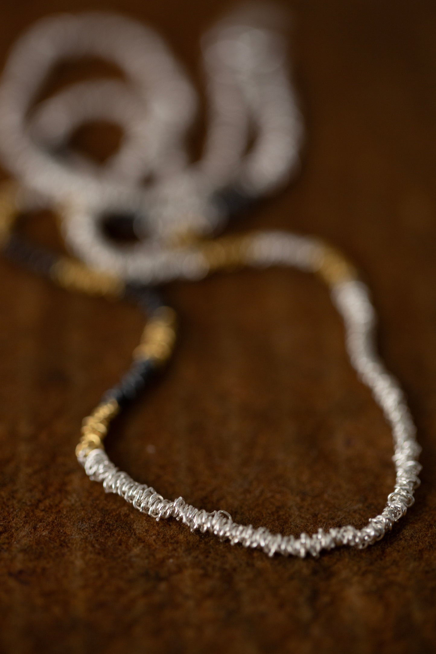 Gathered Necklace in silver, oxidized silver and gold plated silver