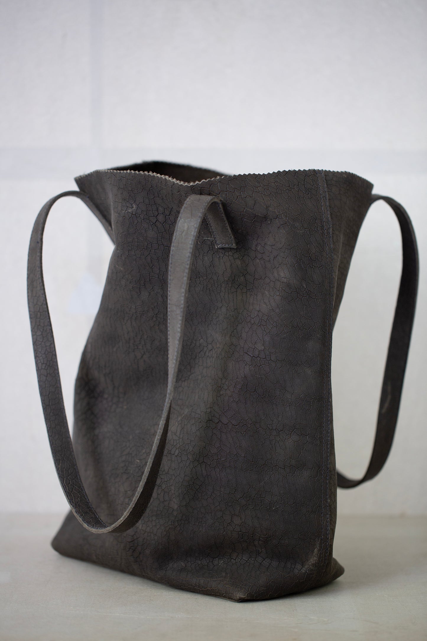 Dark grey textured Leather Tote Bag
