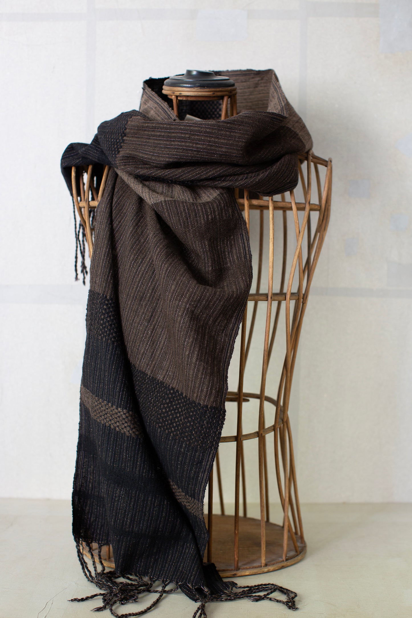 HOODED SCARF#1 - TEXTURED STRIPE HANDWOVEN