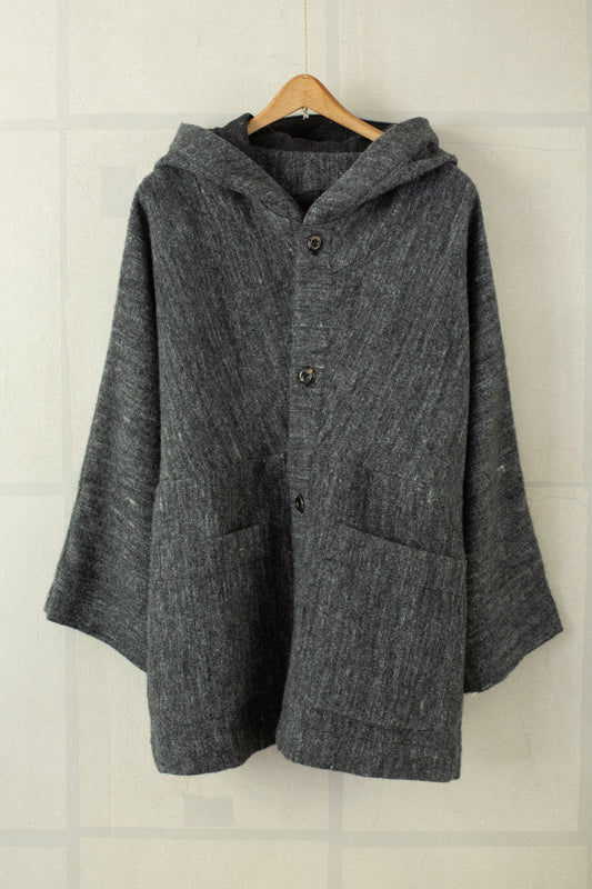 Hooded short coat in dark heather hemp wool and flax