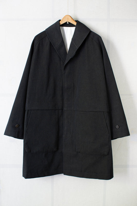Overcoat in black/green wool-cotton twill