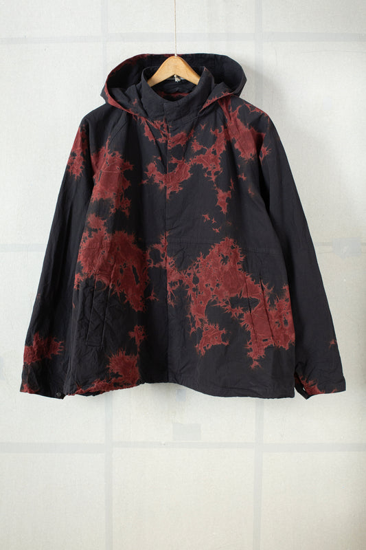 bordeaux/black cotton broad hooded jacket with shibori dyed pattern
