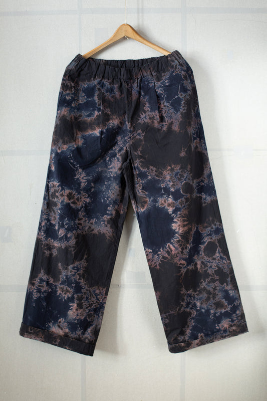 black/black cotton broad wide drawstring pants with shibori dyed pattern