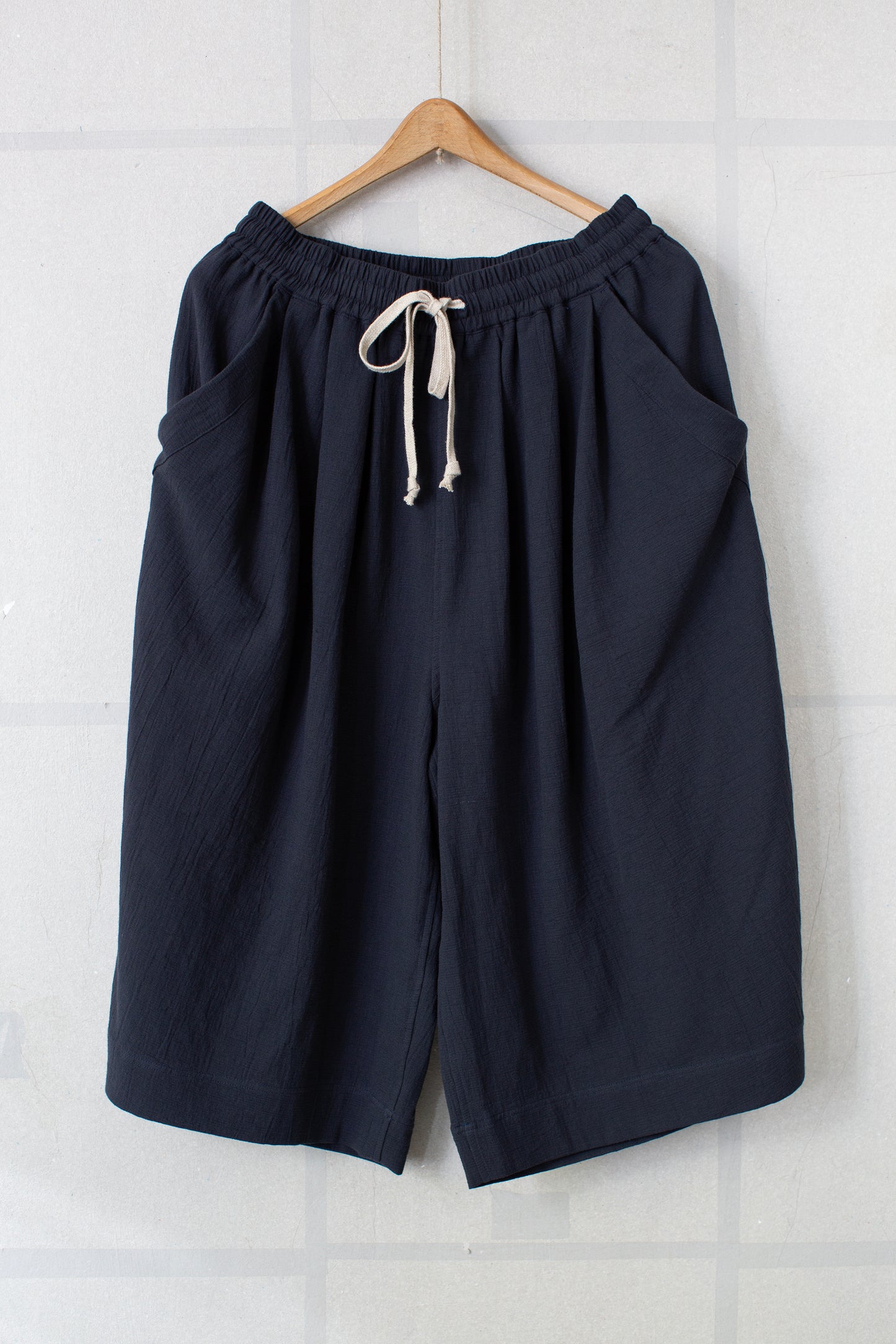 midnight washed panama cotton linen wide fit short pants