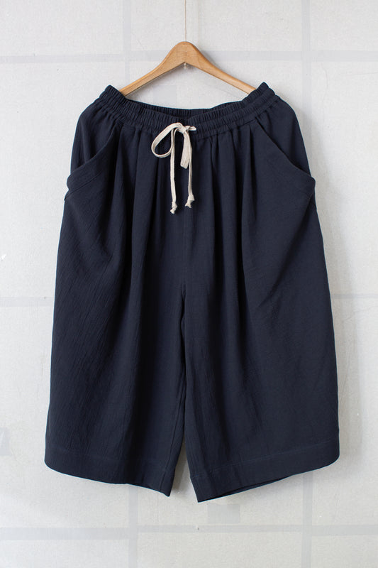 midnight washed panama cotton linen wide fit short pants