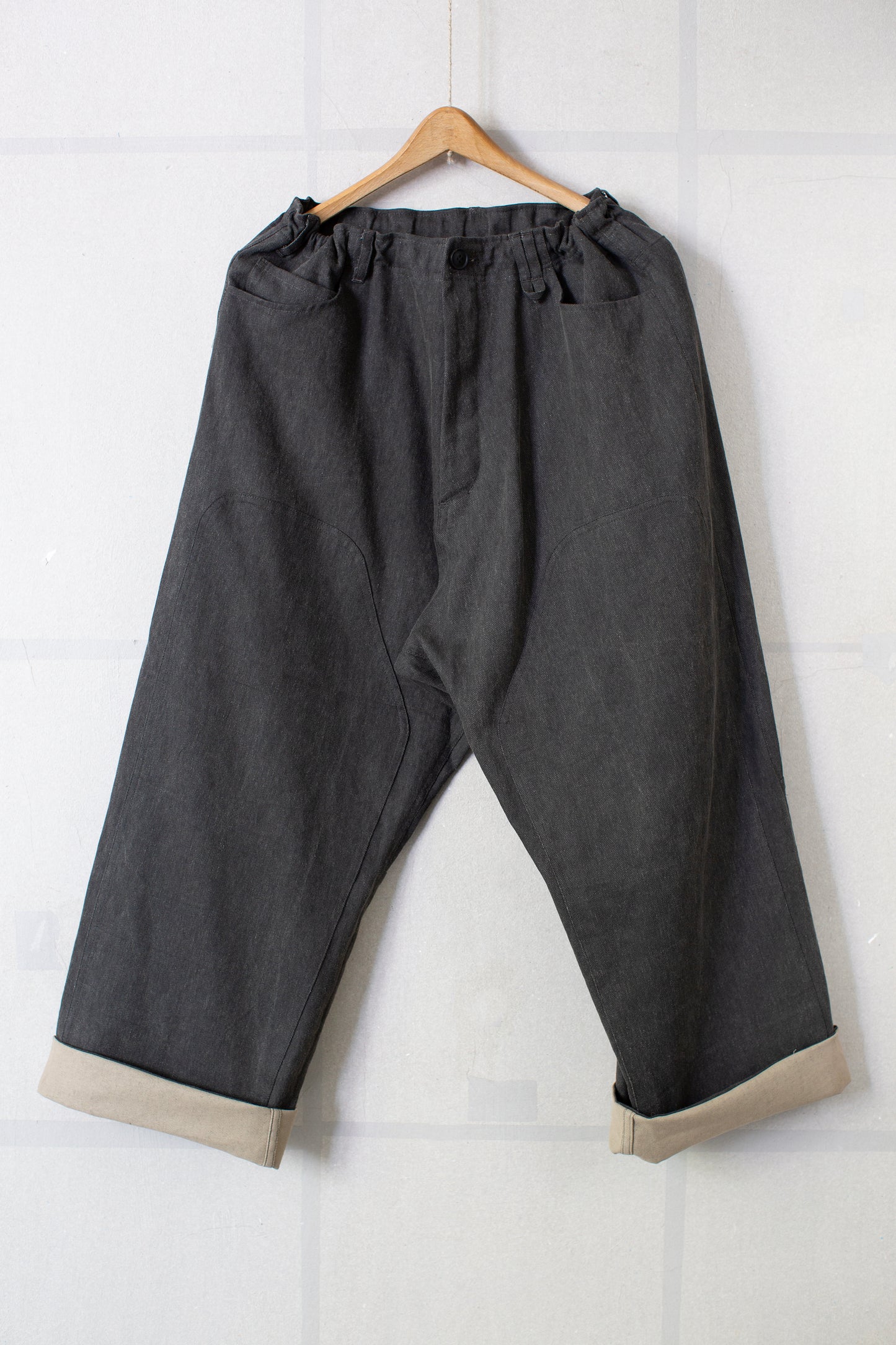 off black cotton linen aged denim double knee trousers