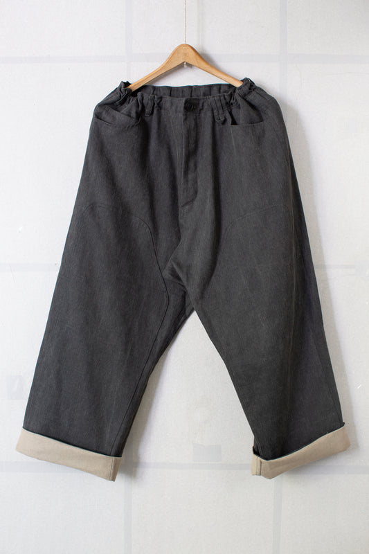 off black cotton linen aged denim double knee trousers