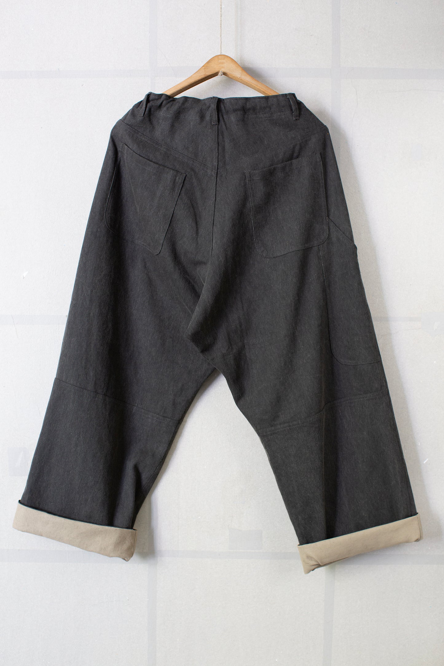 off black cotton linen aged denim double knee trousers