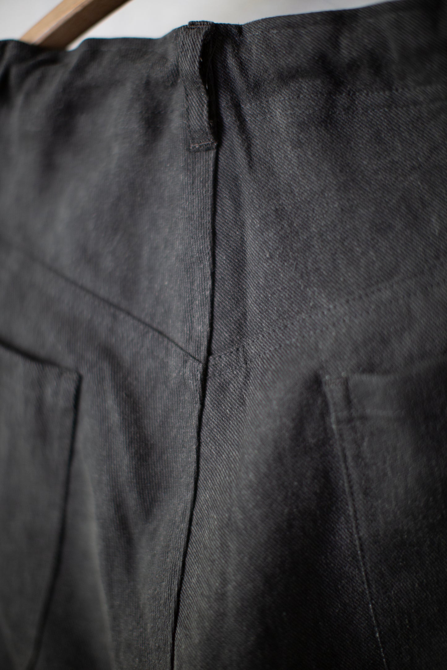 off black cotton linen aged denim double knee trousers