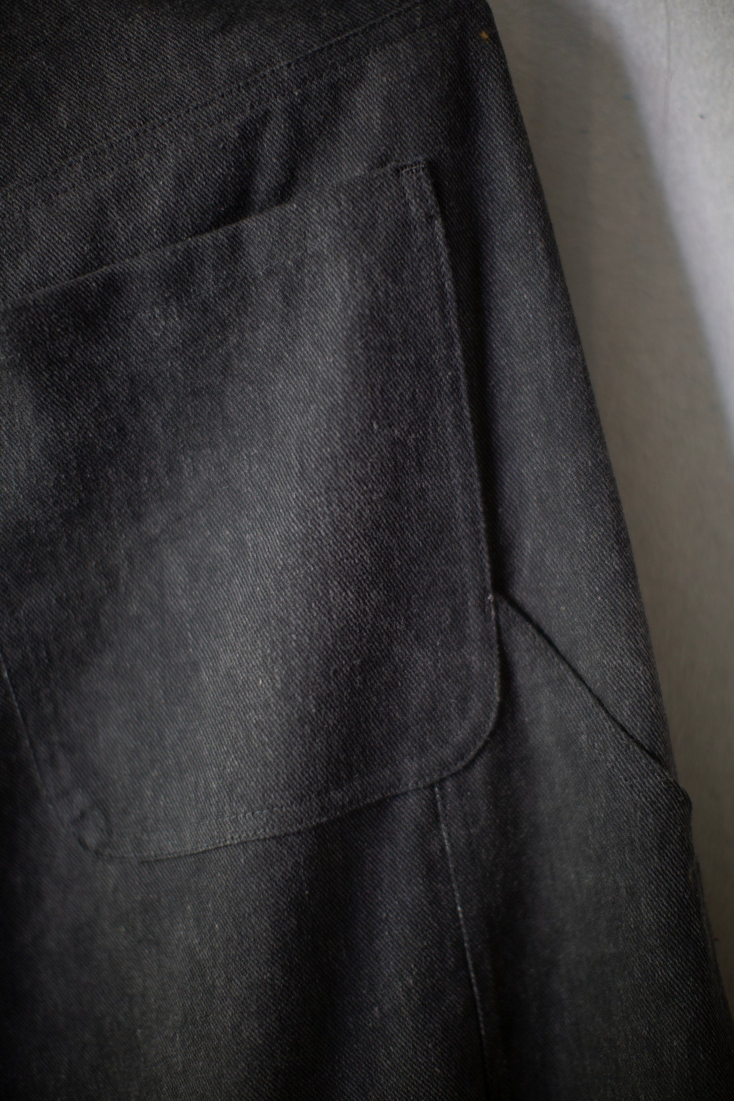 off black cotton linen aged denim double knee trousers