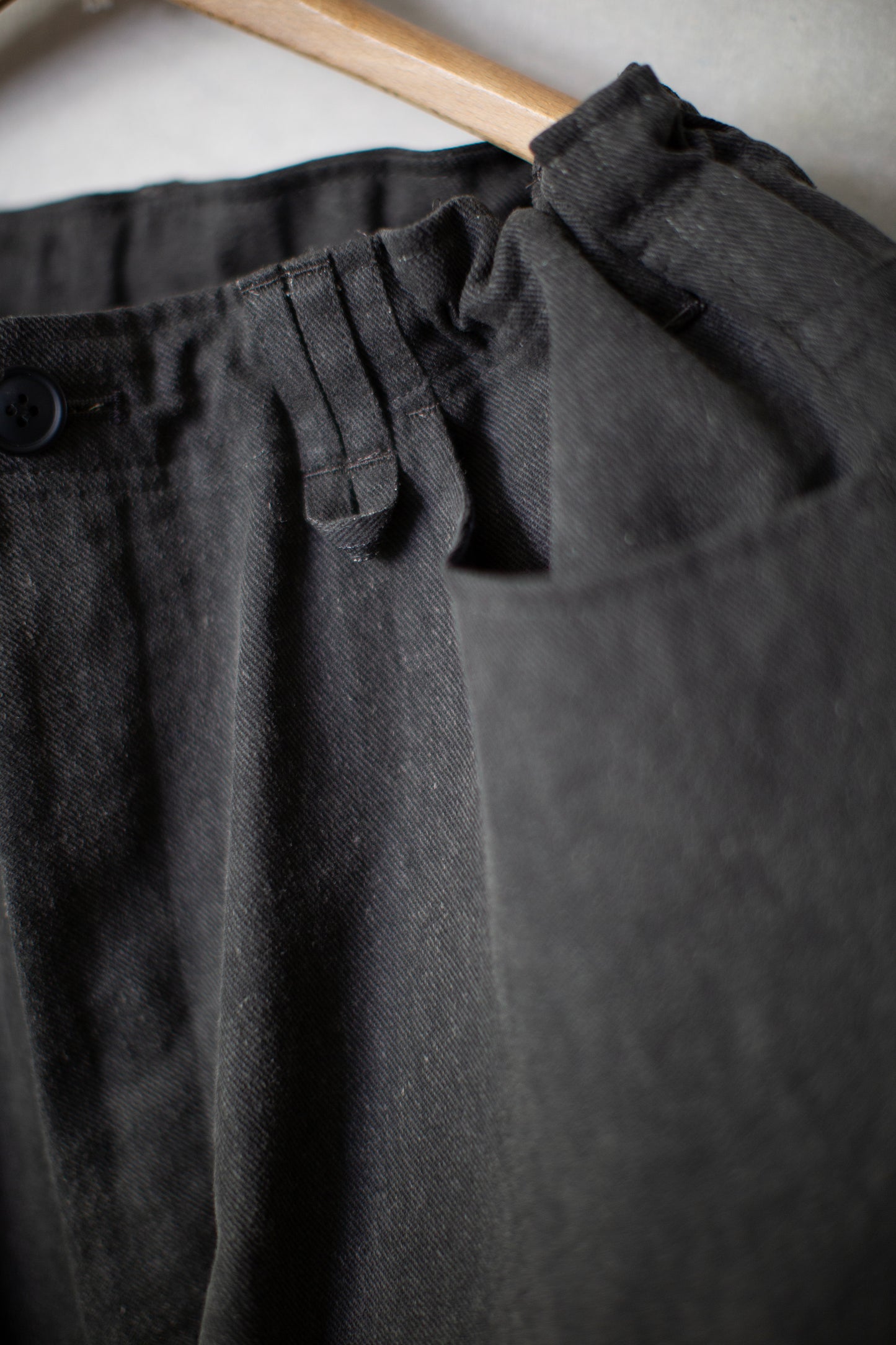 off black cotton linen aged denim double knee trousers