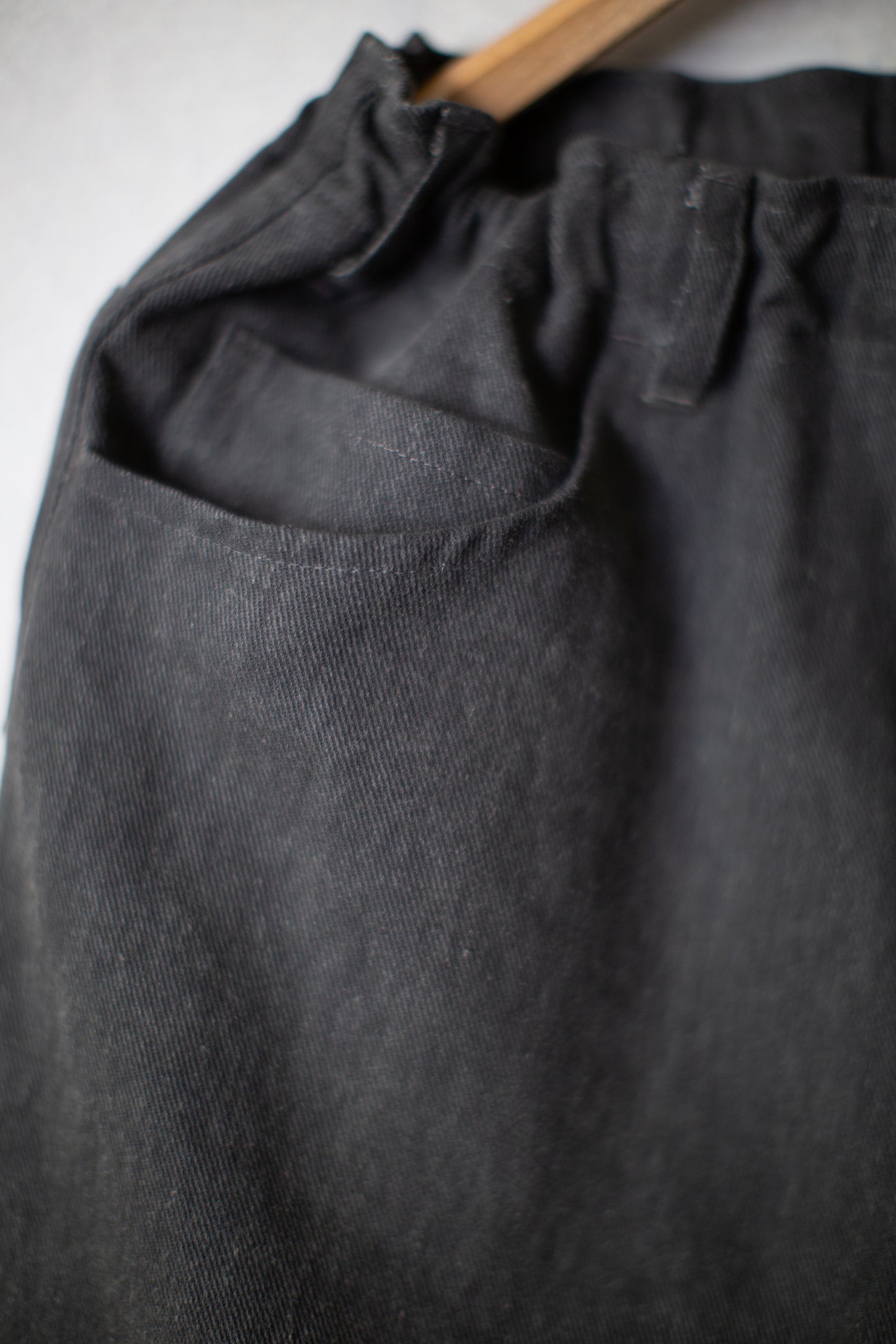 off black cotton linen aged denim double knee trousers
