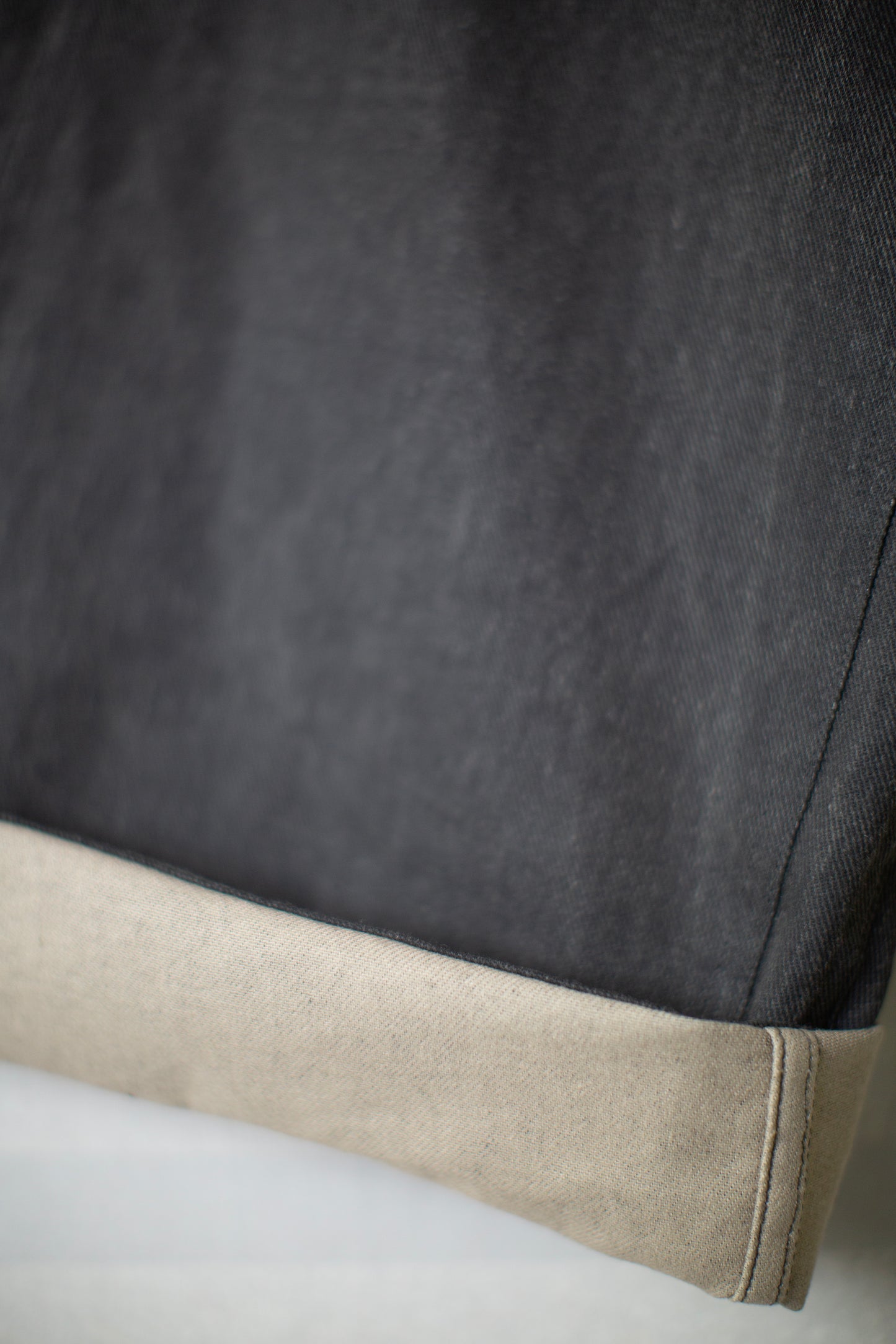 off black cotton linen aged denim double knee trousers