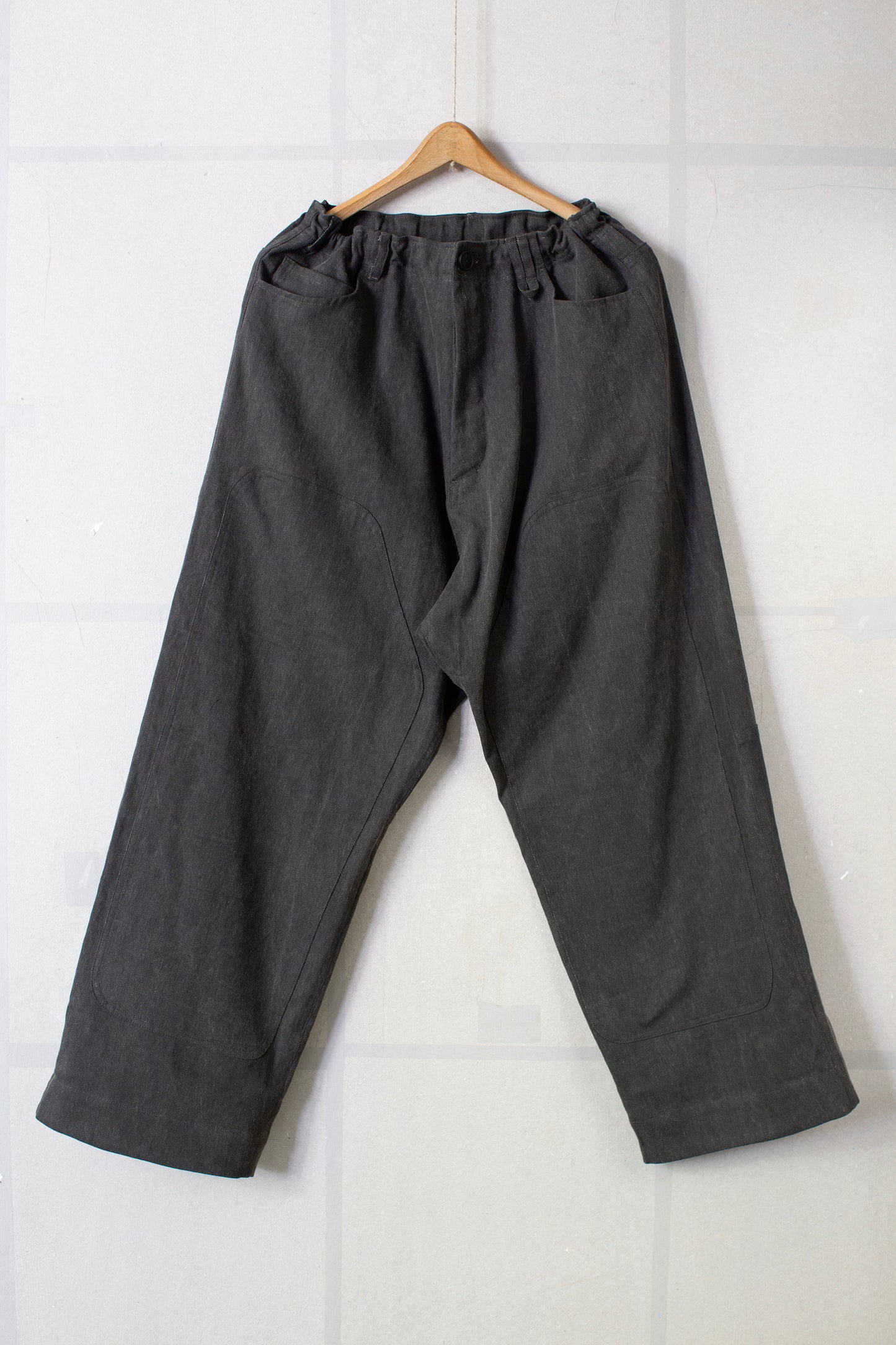 off black cotton linen aged denim double knee trousers