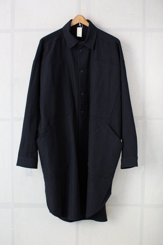 black washed wool linen twill long dust shirt coat