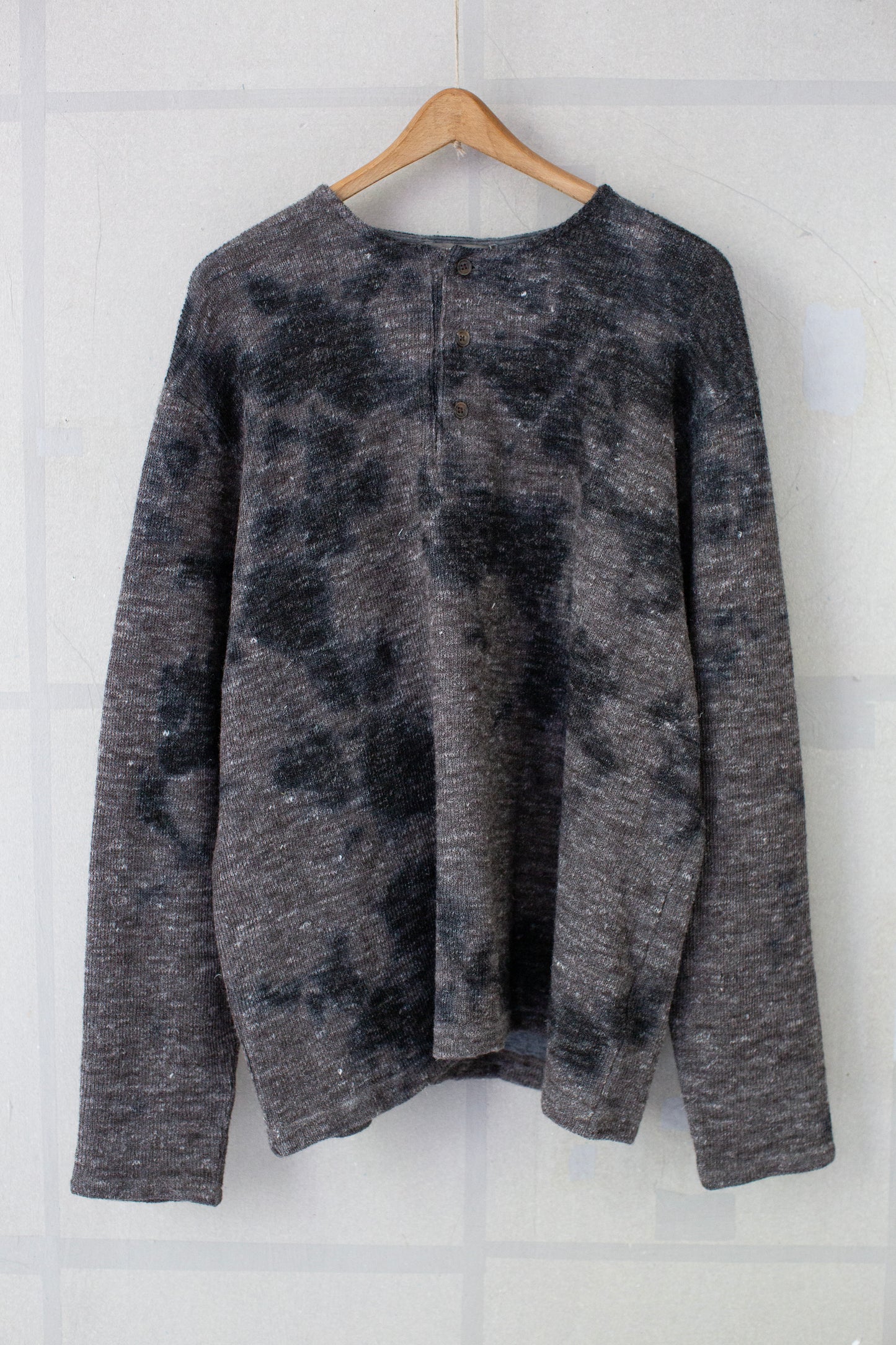 dual layered jersey long sleeve henley with shibori dyed pattern