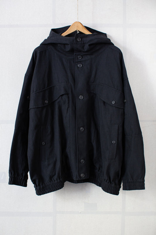 High neck hooded wool/linen/cotton twill bomber jacket