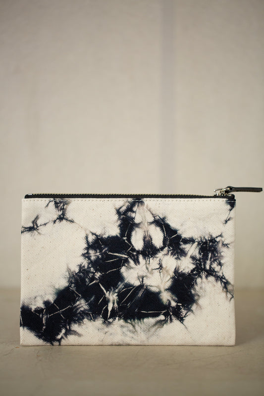 black / ivory organic cotton pouch S with shibori dyed pattern