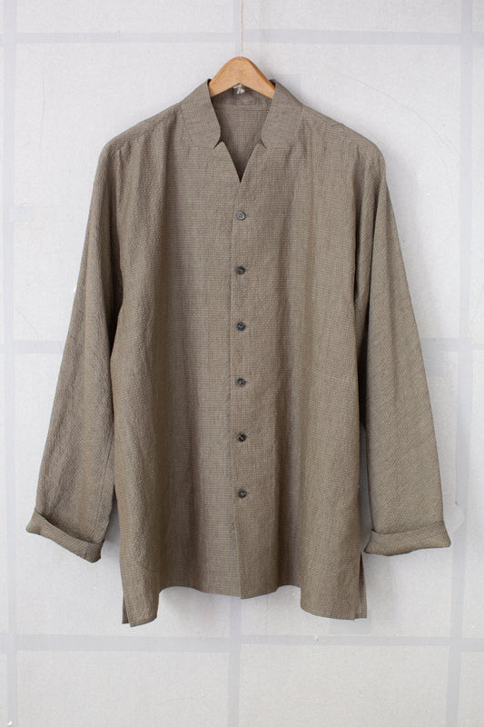 Taupe unevenly dyed cotton linen seersucker shirt