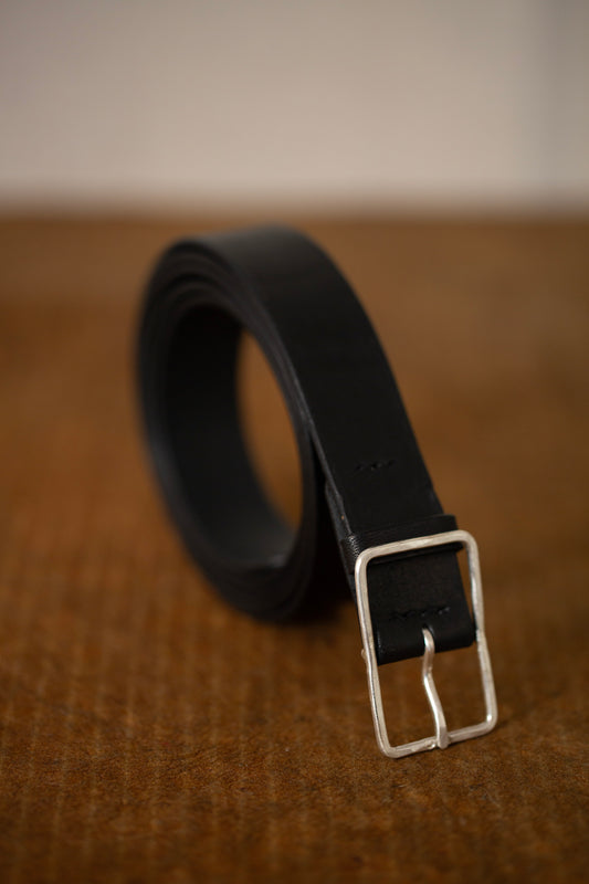 Black Leather Belt - rectangular silver