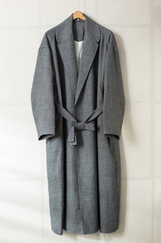 black melange linen wool belted coat