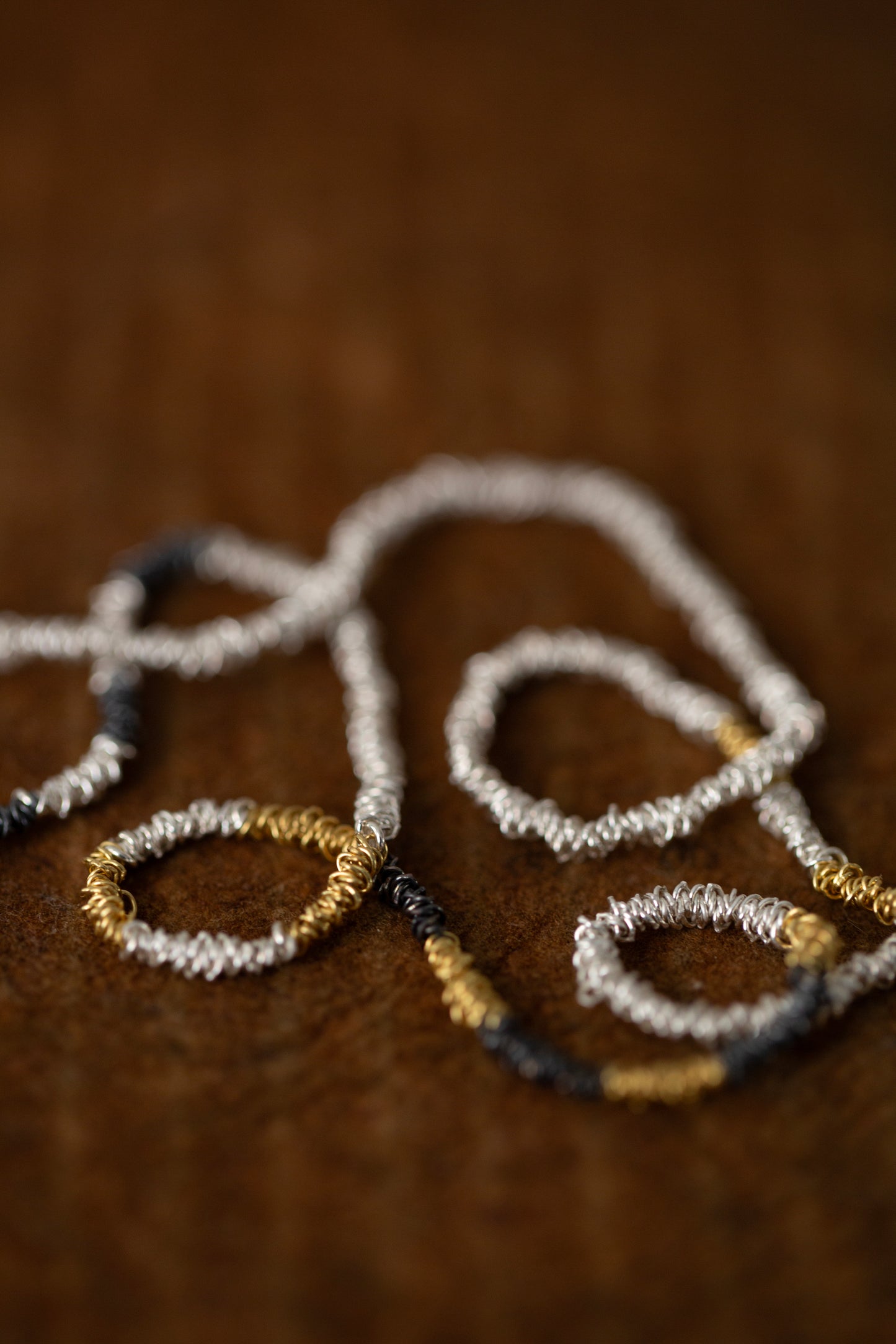 Gathered Necklace in silver, oxidized silver and gold plated silver