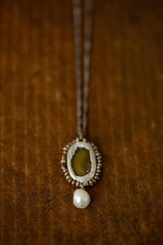 Necklace with antique opaque mirror and pearls