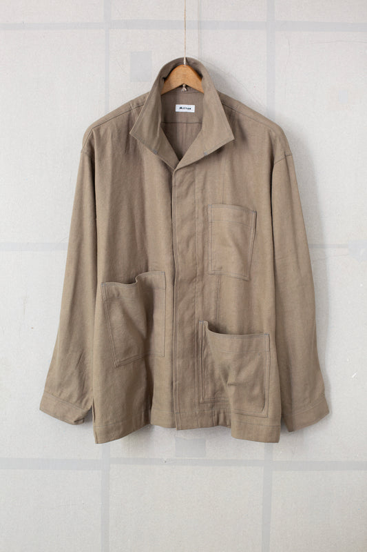 "Toolbox" shirt jacket in taupe twill silk-linen