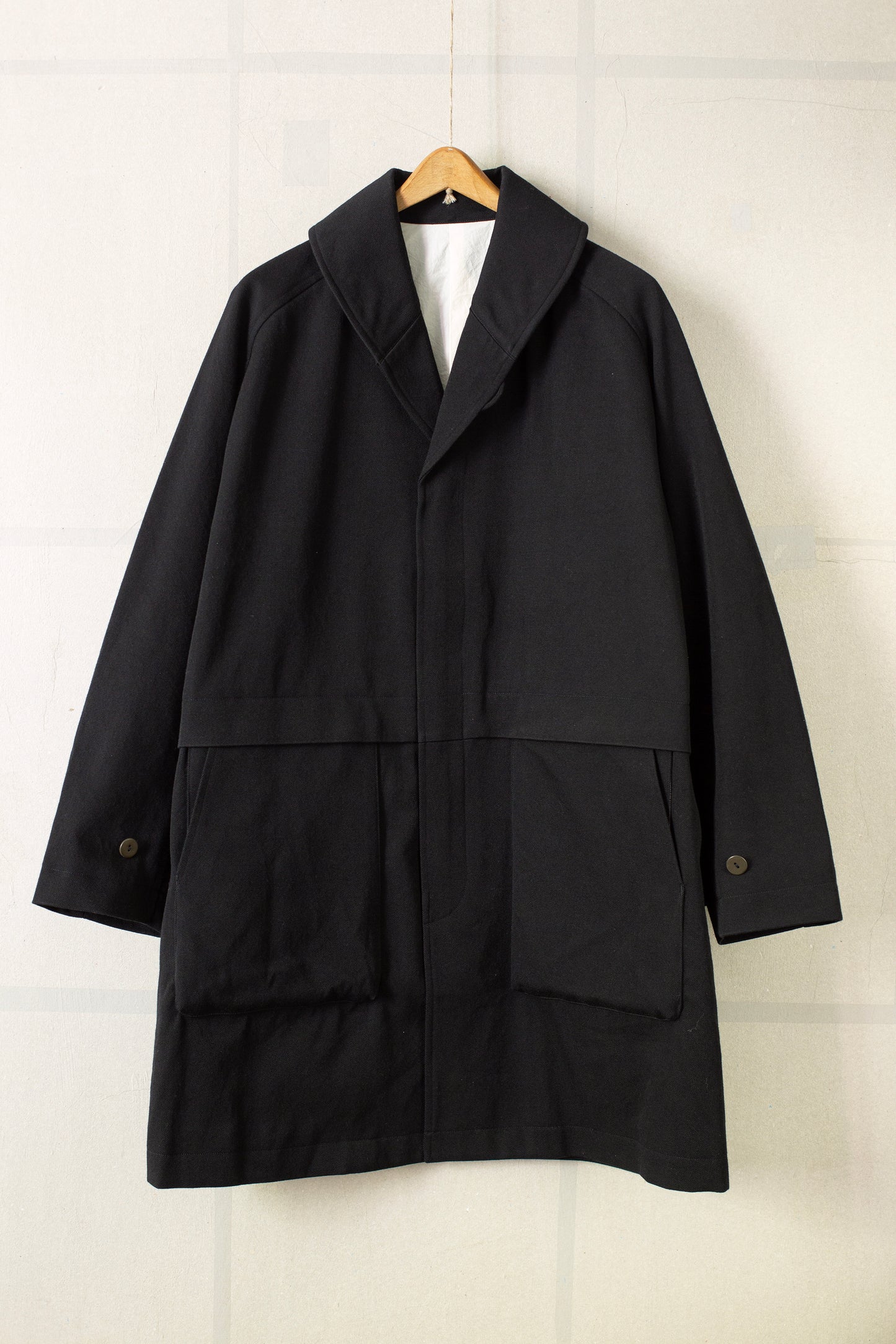 Overcoat in black wool-cotton twill