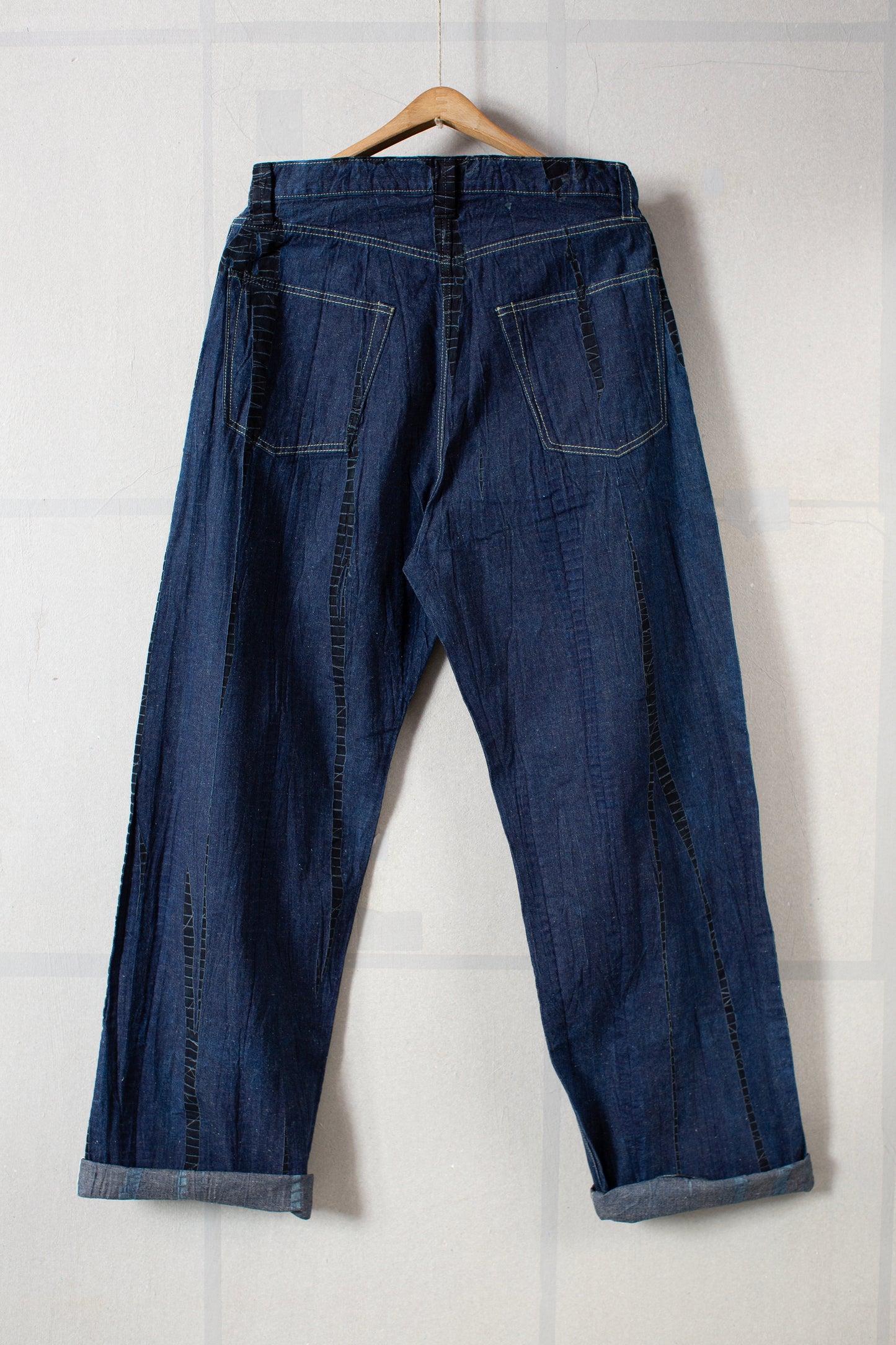 shibori dyed cotton denim loose fit pants