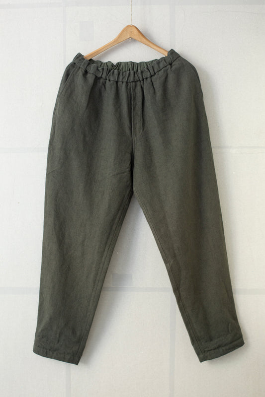 long Trousers In Dark Green Brushed Linen/Ramie