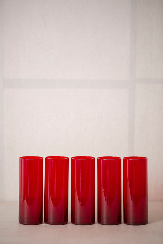 Set Of 6x Vintage Red Long Drink Glasses