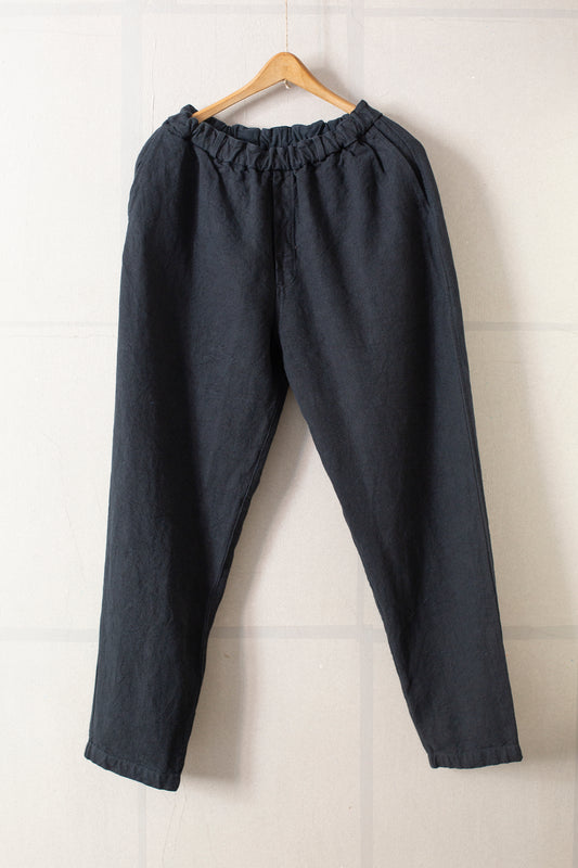 long Trousers In Charcoal Navy Brushed Linen/ramie